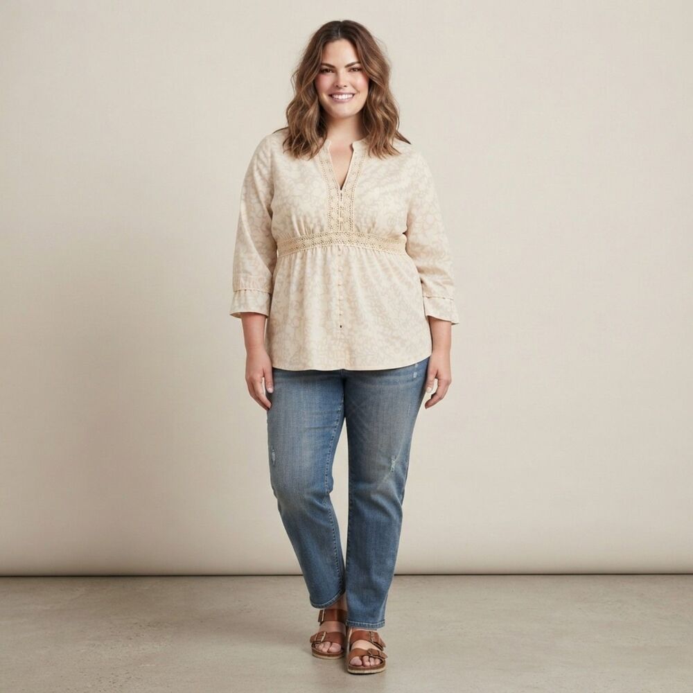 VTG Faded Glory Cream 3/4 Sleeve Crochet Floral Blouse Boho Peasant 2X (Stain)